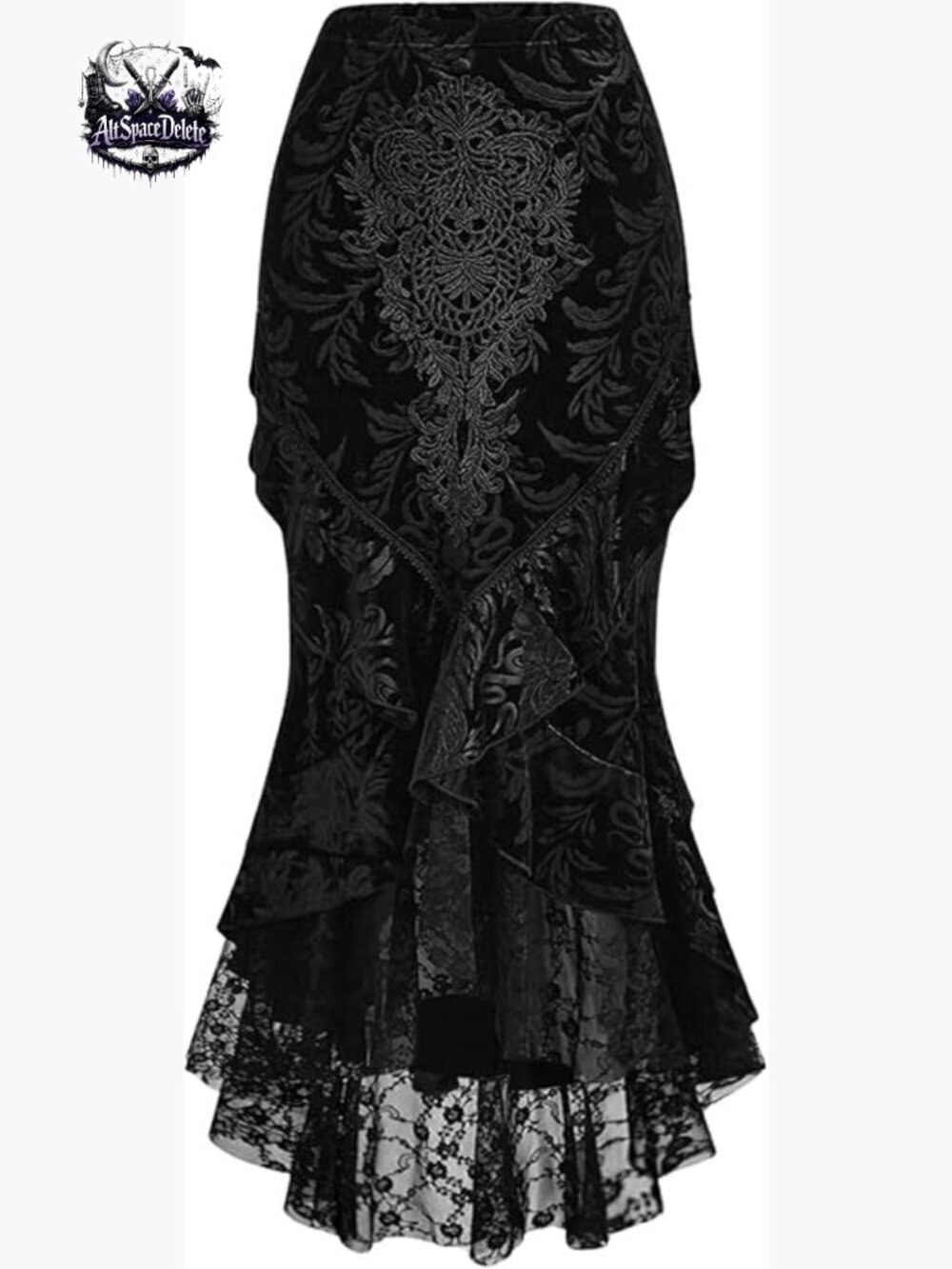 Gothic Lace Fishtail Skirt High Waisted Ruffle Hem Polyester Blend